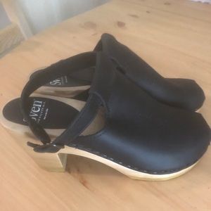 Sven black peep toe halter clogs size 38
